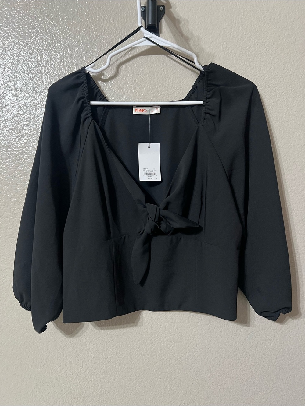 Intempo women’s Black Tie-Front Peasant Blouse. NWT. Sz-Med